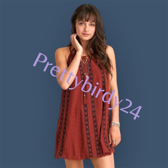 AEO Rust Embroidered Sleeveless Swing Shift Dress